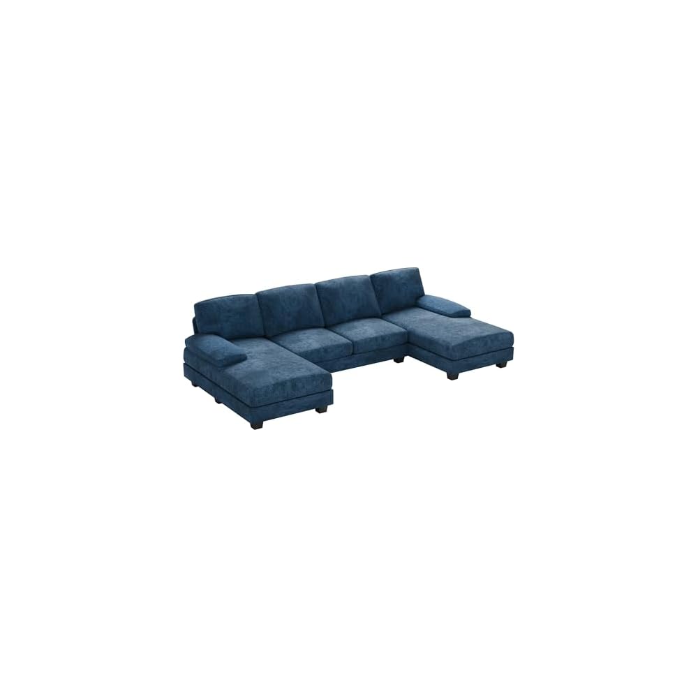 Furniwell Convertible Sectional Sofa Couch, 4 Seat Sofa Set for Living Room U-Shaped Modern Fabric Modular Sofa Sleeper with Double Chaise & Memory Foam (Fabric, Blue)