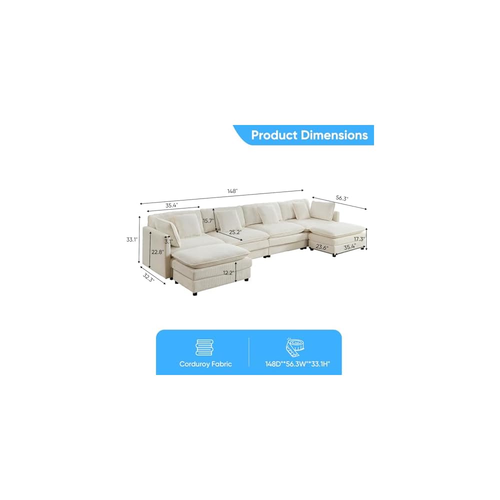 Mjkone 148” U Shape Sectional Couch with Movable Ottoman，Beige