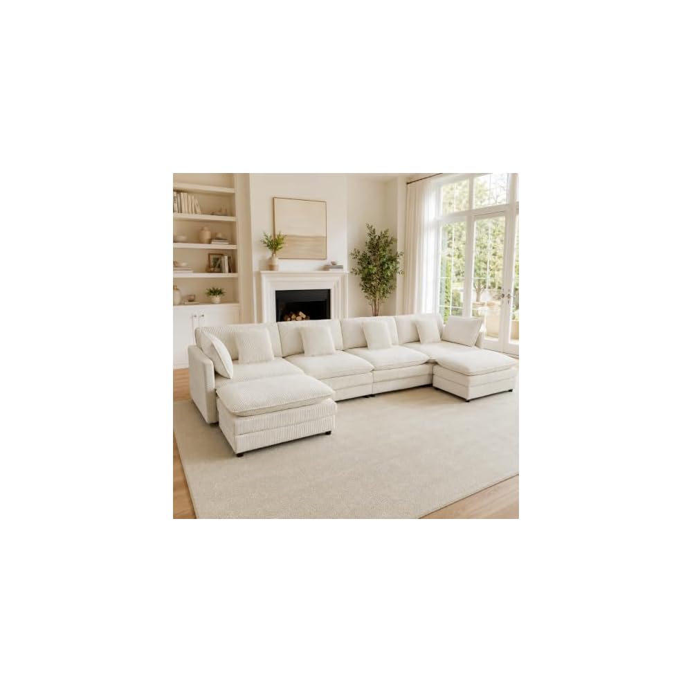 Mjkone 148” U Shape Sectional Couch with Movable Ottoman，Beige