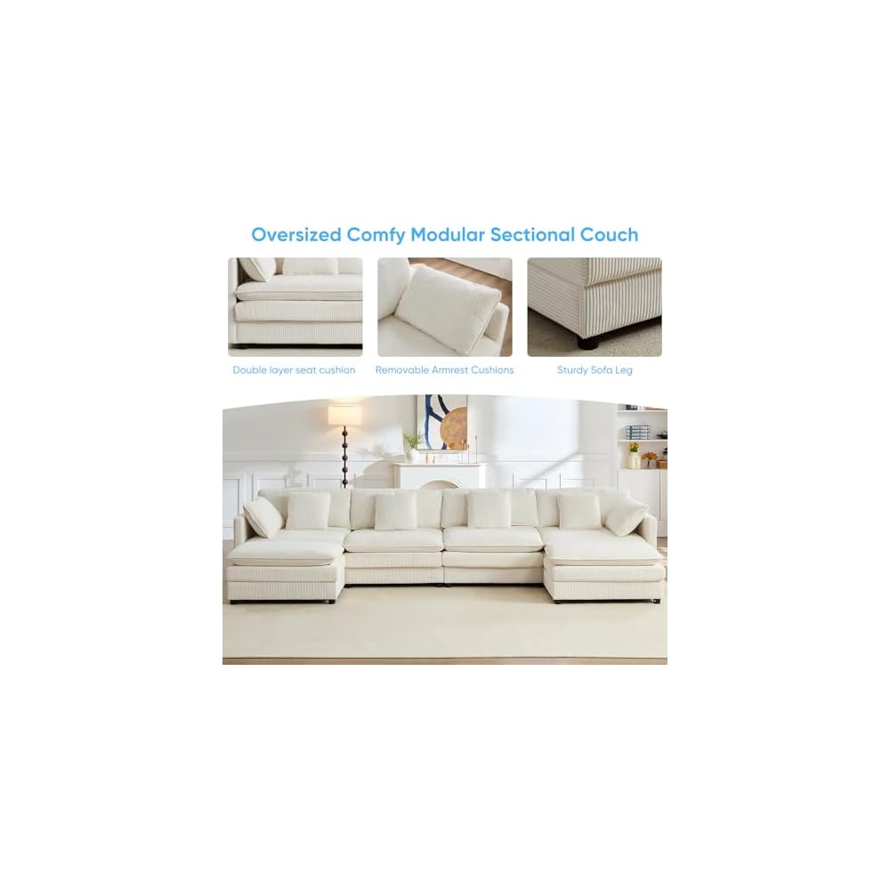Mjkone 148” U Shape Sectional Couch with Movable Ottoman，Beige