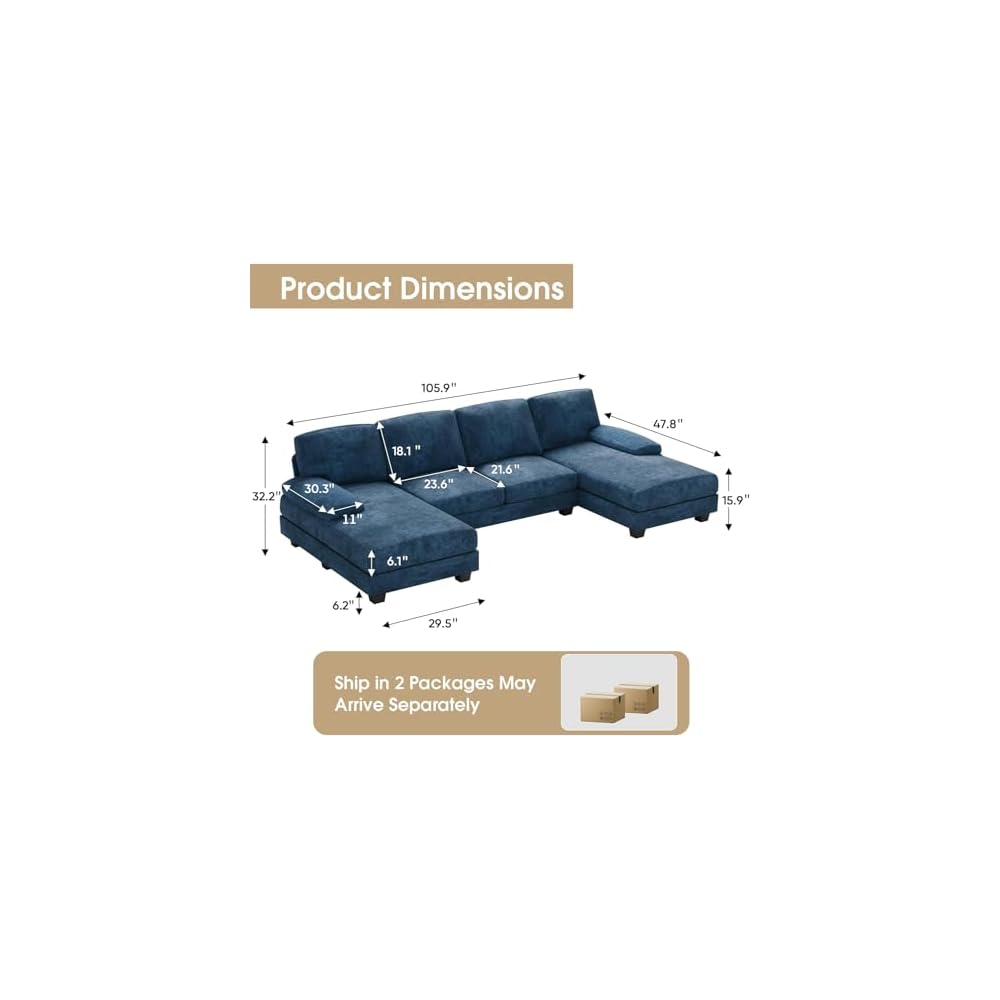 Furniwell Convertible Sectional Sofa Couch, 4 Seat Sofa Set for Living Room U-Shaped Modern Fabric Modular Sofa Sleeper with Double Chaise & Memory Foam (Fabric, Blue)