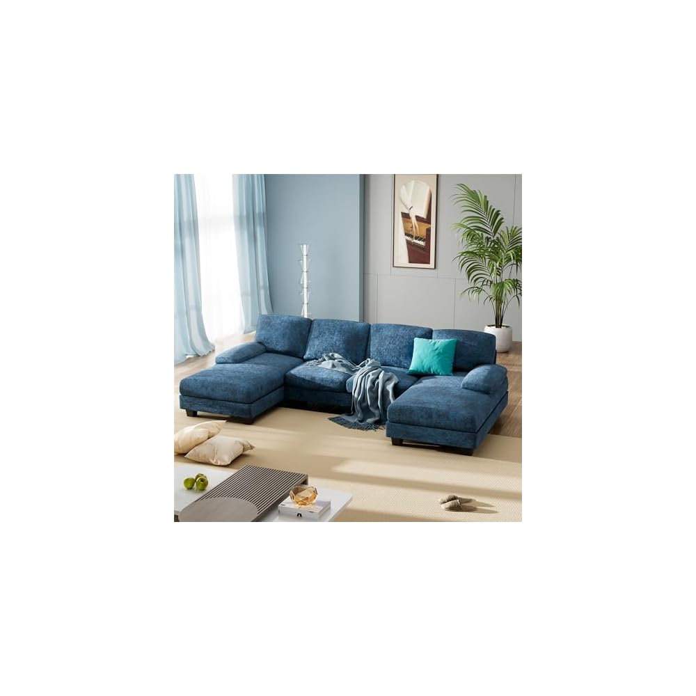 Furniwell Convertible Sectional Sofa Couch, 4 Seat Sofa Set for Living Room U-Shaped Modern Fabric Modular Sofa Sleeper with Double Chaise & Memory Foam (Fabric, Blue)