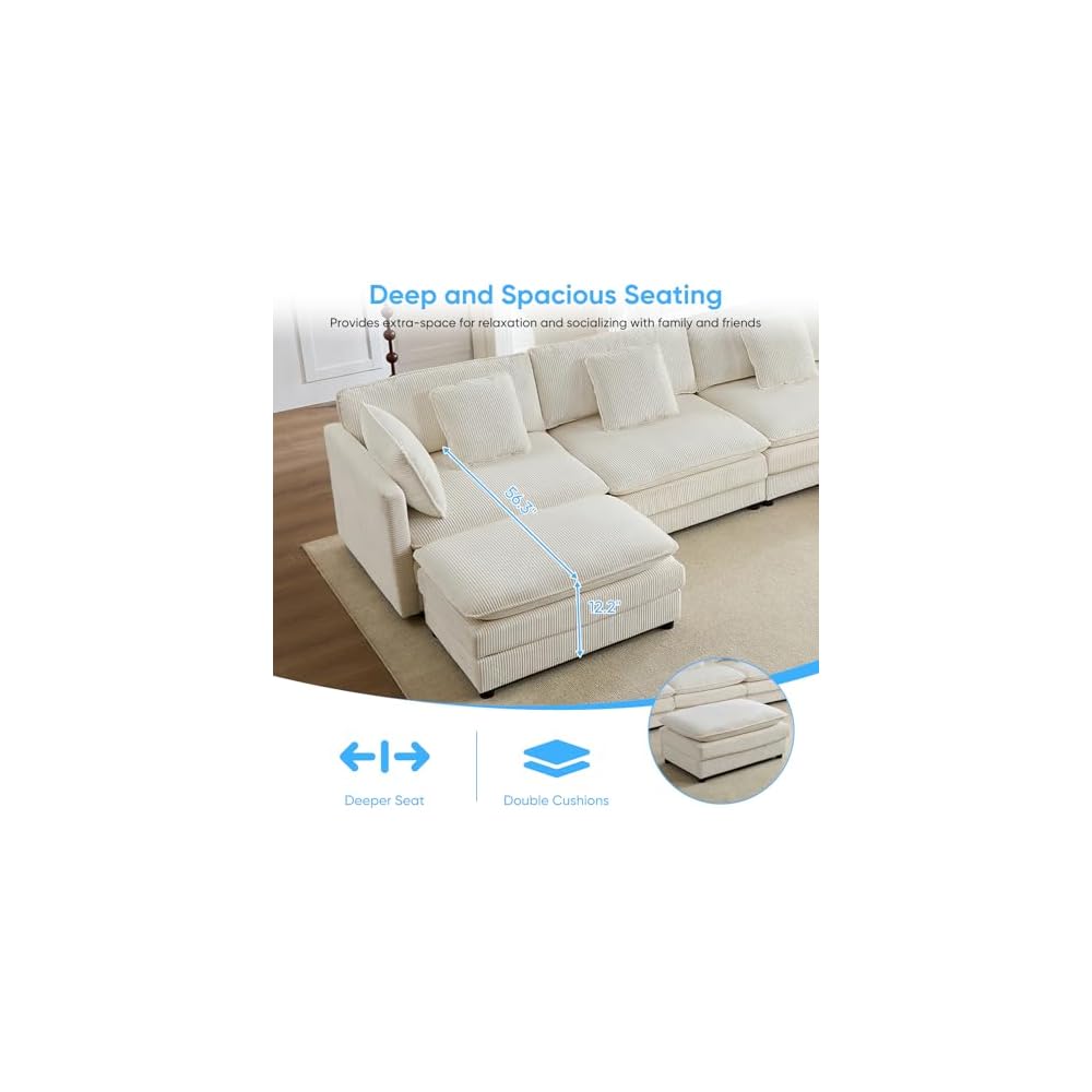 Mjkone 148” U Shape Sectional Couch with Movable Ottoman，Beige