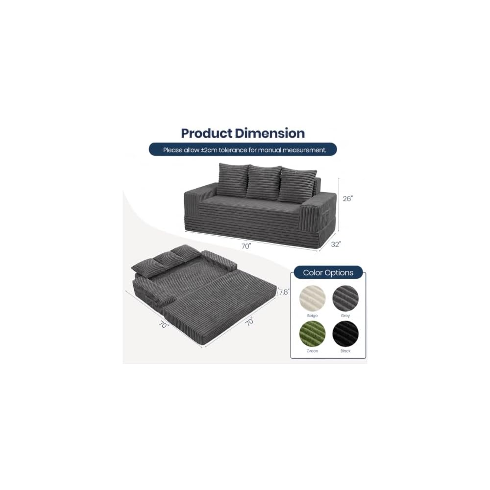 2-in-1 Convertible Sofa Bed, 70" Boneless Couch
