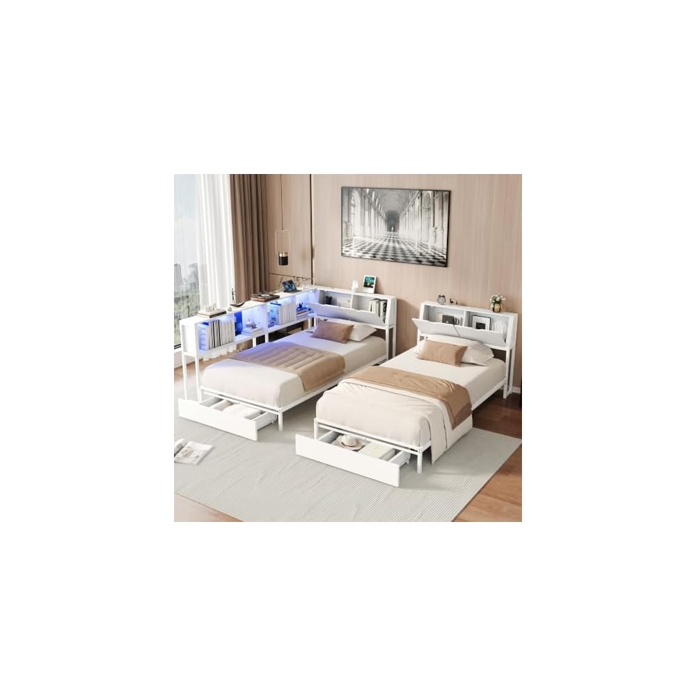 Bellemave Twin Beds for 2 Kids,Double Twin Bed with Storage Drawers,Whtie