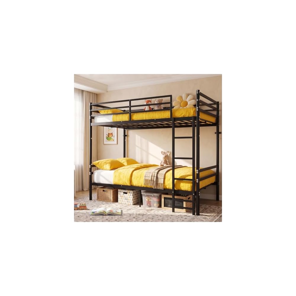 Full Over Full Bunk Bed with Floor-Standing Ladder,Black