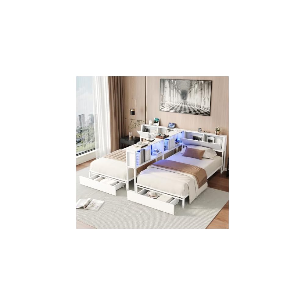 Bellemave Twin Beds for 2 Kids,Double Twin Bed with Storage Drawers,Whtie