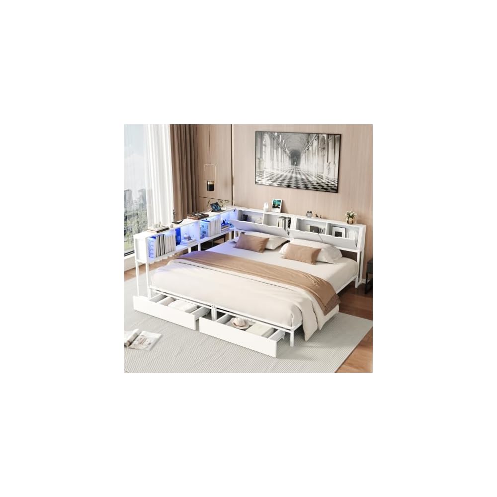 Bellemave Twin Beds for 2 Kids,Double Twin Bed with Storage Drawers,Whtie