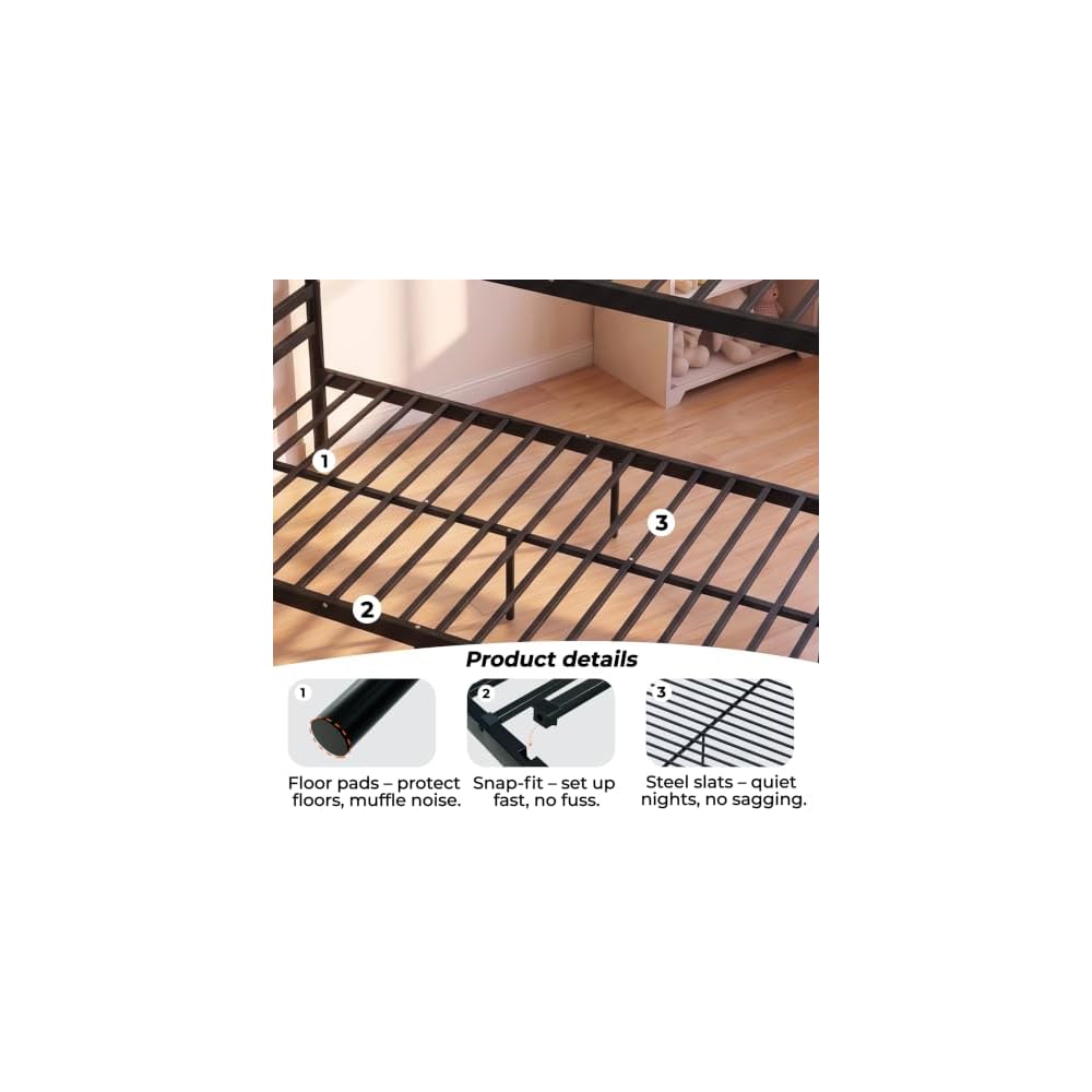 Full Over Full Bunk Bed with Floor-Standing Ladder,Black