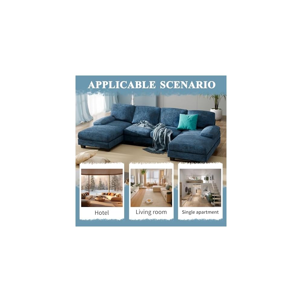 Furniwell Convertible Sectional Sofa Couch, 4 Seat Sofa Set for Living Room U-Shaped Modern Fabric Modular Sofa Sleeper with Double Chaise & Memory Foam (Fabric, Blue)