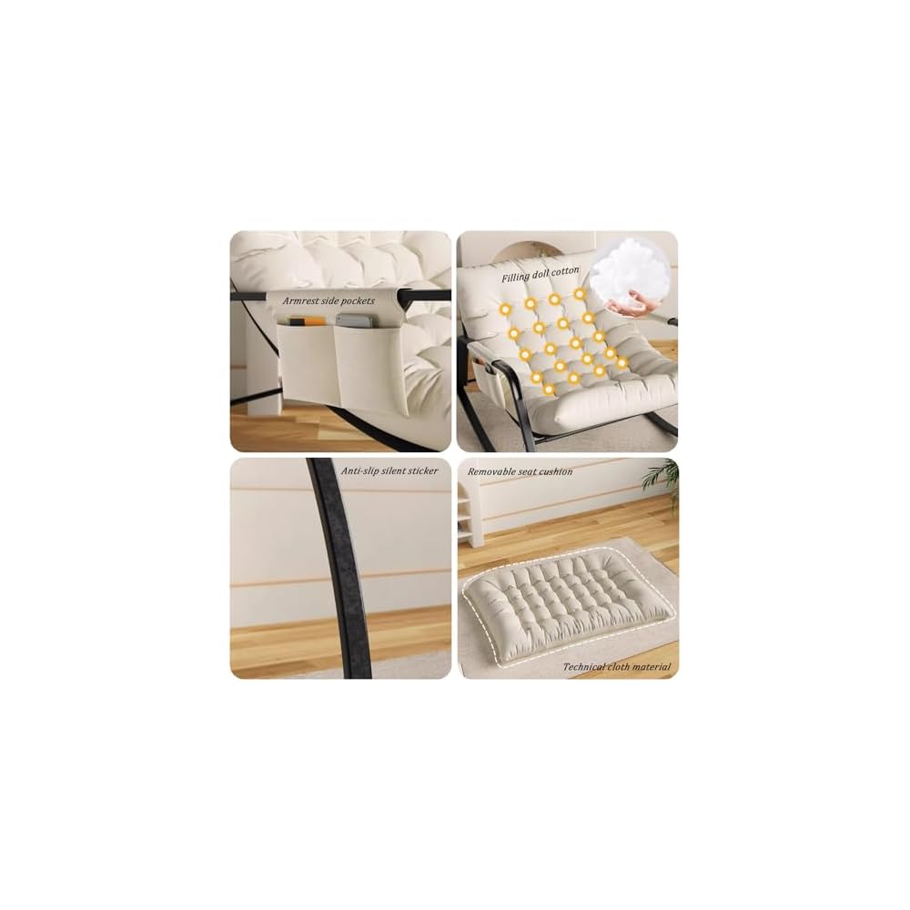 Upholstered Rocking Chair, Double Adult Rocker Chair, Balcony Leisure Lounge Chair, Sofa Chair with Backrest and Side Pocket, Modern Relax Arm Chair, Available in All Seasons (Color : Off