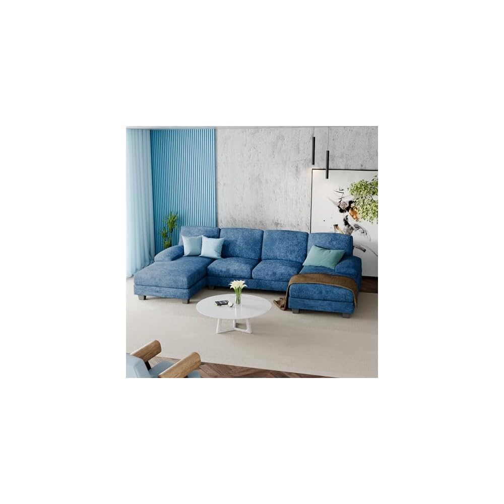 Furniwell Convertible Sectional Sofa Couch, 4 Seat Sofa Set for Living Room U-Shaped Modern Fabric Modular Sofa Sleeper with Double Chaise & Memory Foam (Fabric, Blue)