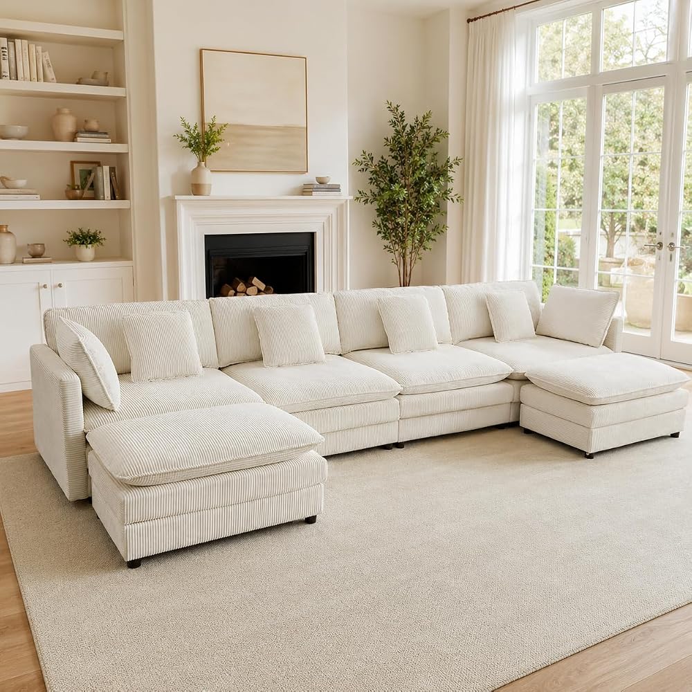 Mjkone 148” U Shape Sectional Couch with Movable Ottoman，Beige