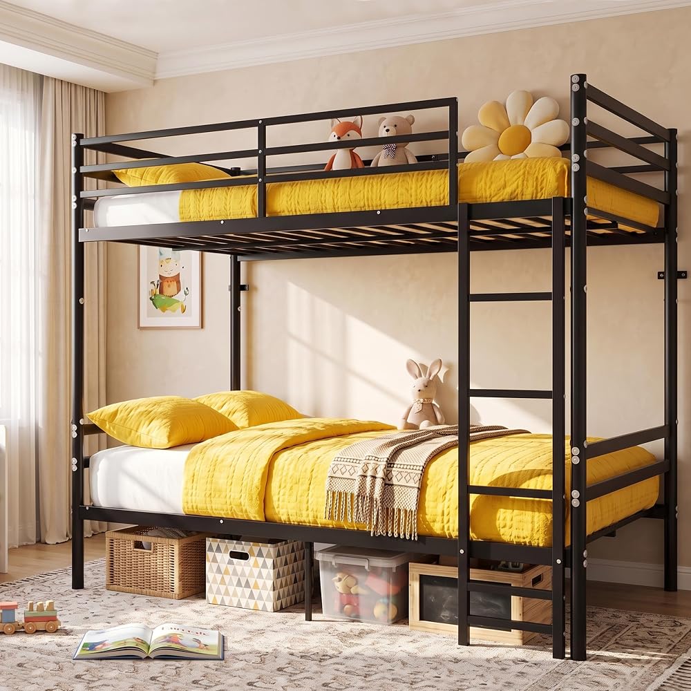 Full Over Full Bunk Bed with Floor-Standing Ladder,Black