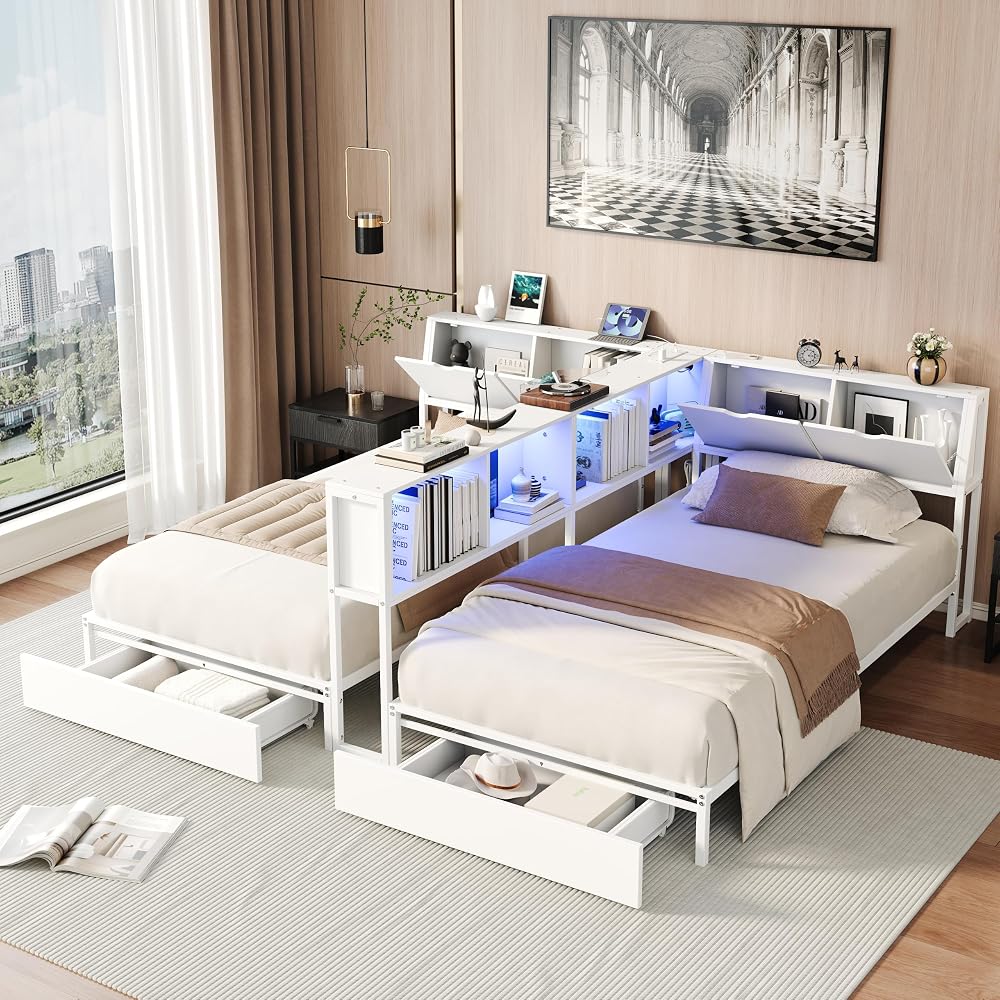 Bellemave Twin Beds for 2 Kids,Double Twin Bed with Storage Drawers,Whtie
